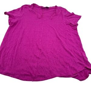 Tahari Women's 1X Magenta 100% Linen V-Neck Tie Short Sleeve Tunic Top